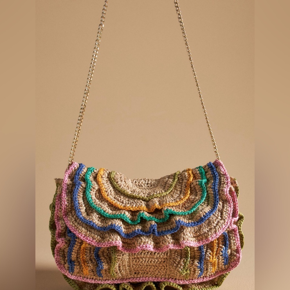 Anthropologie Multicolor Crochet Ruffle Crossbody Clutch